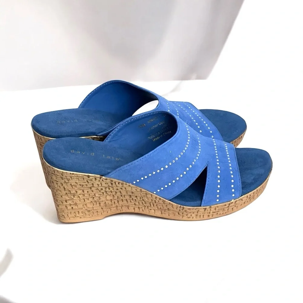 David Tate Wedge Open Toe Slip On‎ Sandals Leather Upper Embedded Rhinestones
